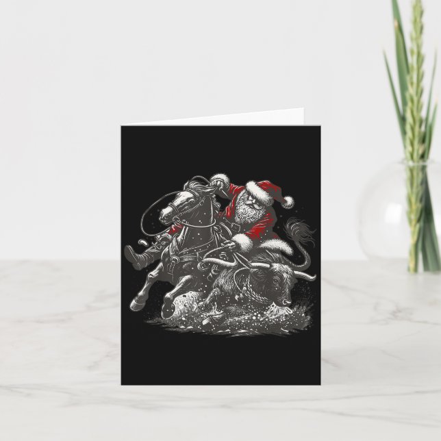 Tarjeta Santa Bulldogging Christmas Cowboy Santa Rodeo Xma (Anverso)