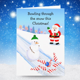 Tarjeta Santa Cheering Snowman Bowling