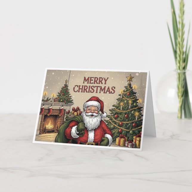 Tarjeta Santa Clásico junto a la Chimenea "Feliz Navidad" (Anverso)