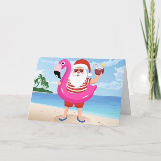 Tarjeta Santa Claus con anillo inflable de flamingo (Anverso)