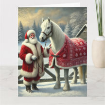 Santa Claus con caballo blanco en una granja nevad
