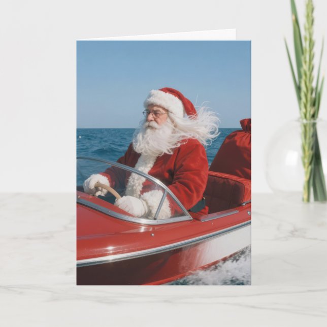 Tarjeta Santa Claus Delivering Gifts By Speedboat (Anverso)
