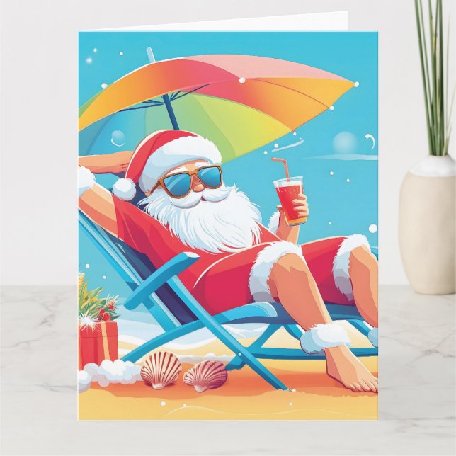 Tarjeta Santa Claus descansando en una playa tropical con  (Anverso)