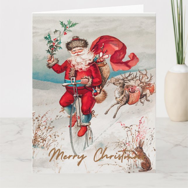 Tarjeta Santa Claus en un penique de gallinero con reno (Anverso)