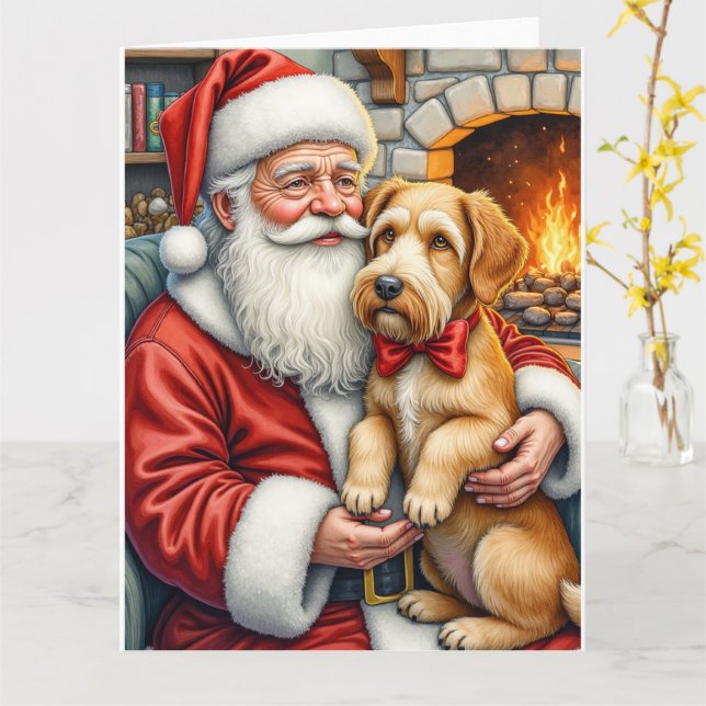 Tarjeta Santa Claus Holding Airedale Christmas Art (flor amarilla)