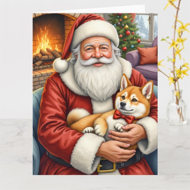 Tarjeta Santa Claus Holding Akita Christmas Art (flor amarilla)