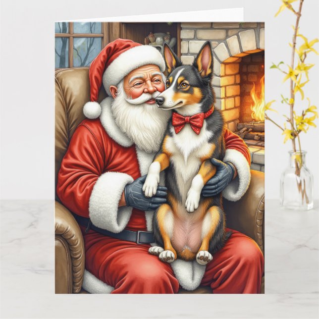 Tarjeta Santa Claus Holding Australian Kelpie Christmas  (flor amarilla)