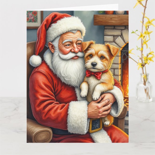 Tarjeta Santa Claus Holding Australian Terrier Christmas  (flor amarilla)
