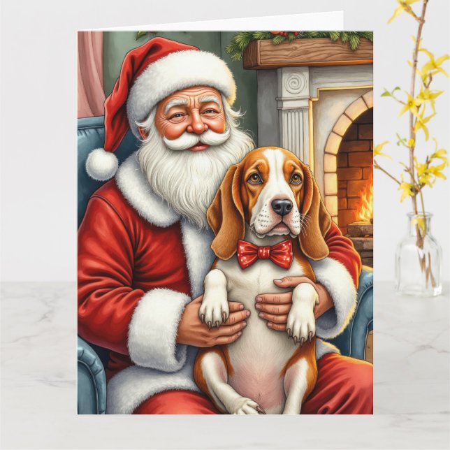 Tarjeta Santa Claus Holding Basset Hound Christmas Art (flor amarilla)