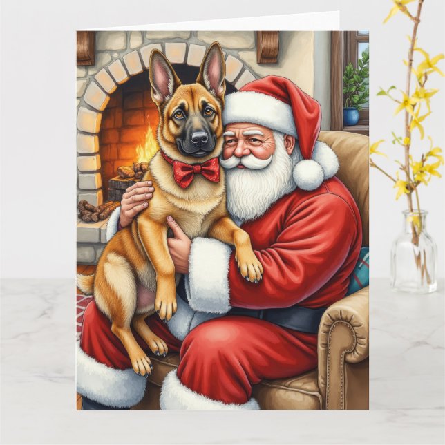 Tarjeta Santa Claus Holding Belgian Malinois Christmas Art (flor amarilla)