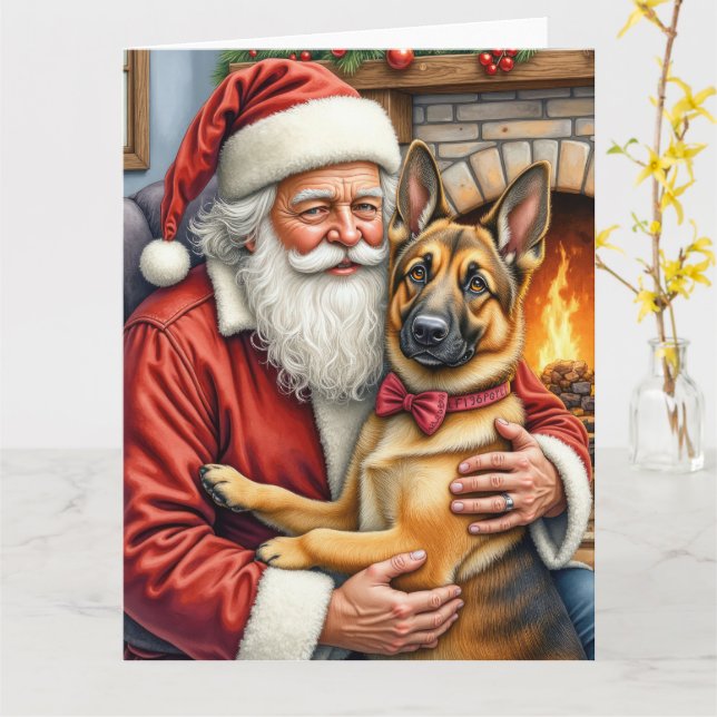 Tarjeta Santa Claus Holding Belgian Shepherd Christmas Art (flor amarilla)