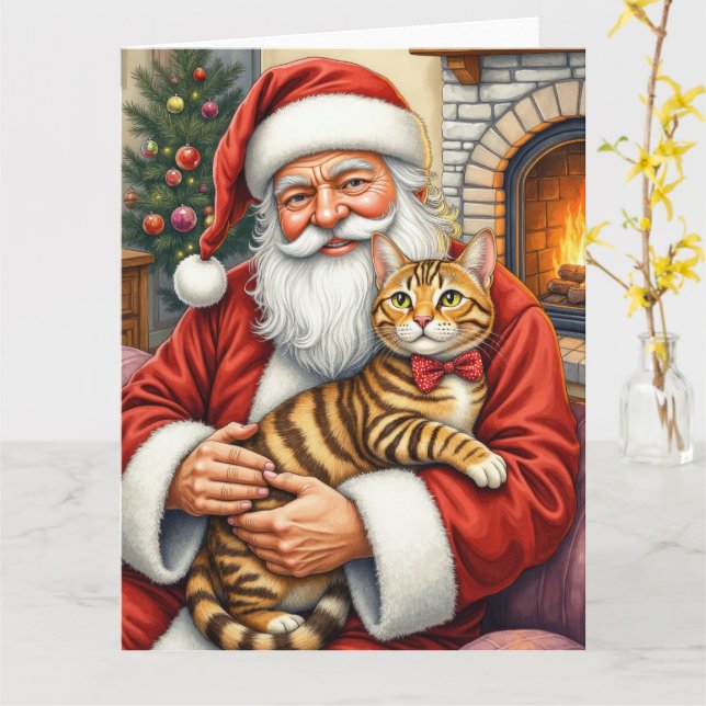 Tarjeta Santa Claus Holding Bengal Cat Christmas Art (flor amarilla)