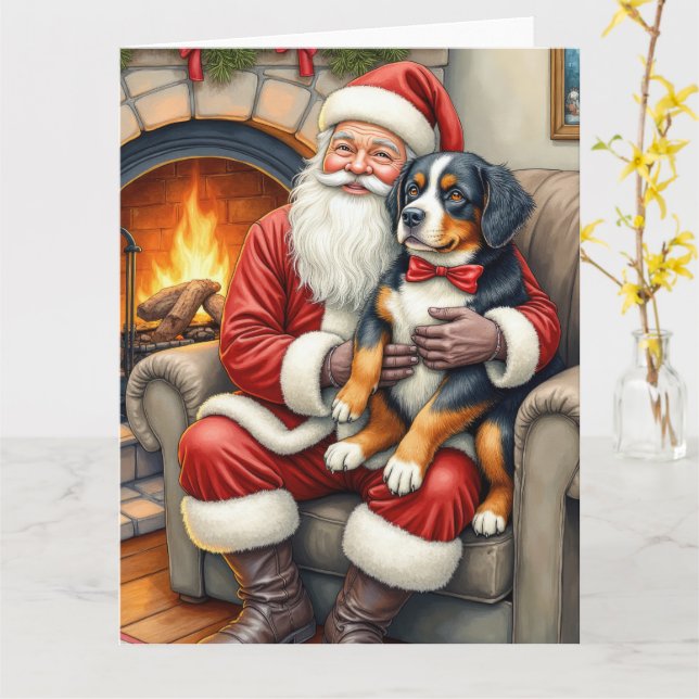 Tarjeta Santa Claus Holding Bernese Mountain Dog Christmas (flor amarilla)