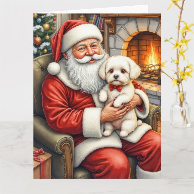 Tarjeta Santa Claus Holding Bichon Frise Christmas Art (flor amarilla)