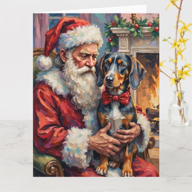 Tarjeta Santa Claus Holding Bluetick Coonhound Christmas  (flor amarilla)