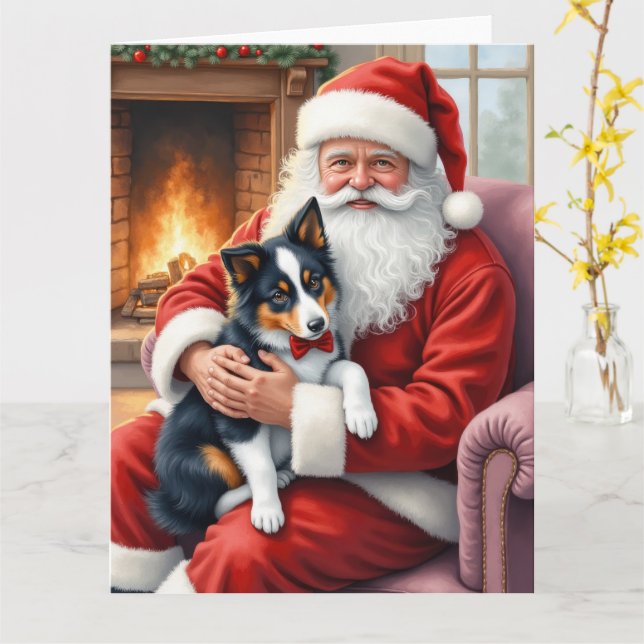 Tarjeta Santa Claus Holding Border Collie Christmas Art (flor amarilla)