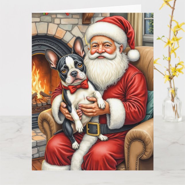Tarjeta Santa Claus Holding Boston Terrier Christmas Art (flor amarilla)