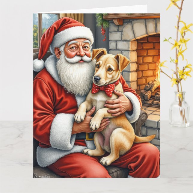 Tarjeta Santa Claus Holding Bouvier des Flandres Christmas (flor amarilla)