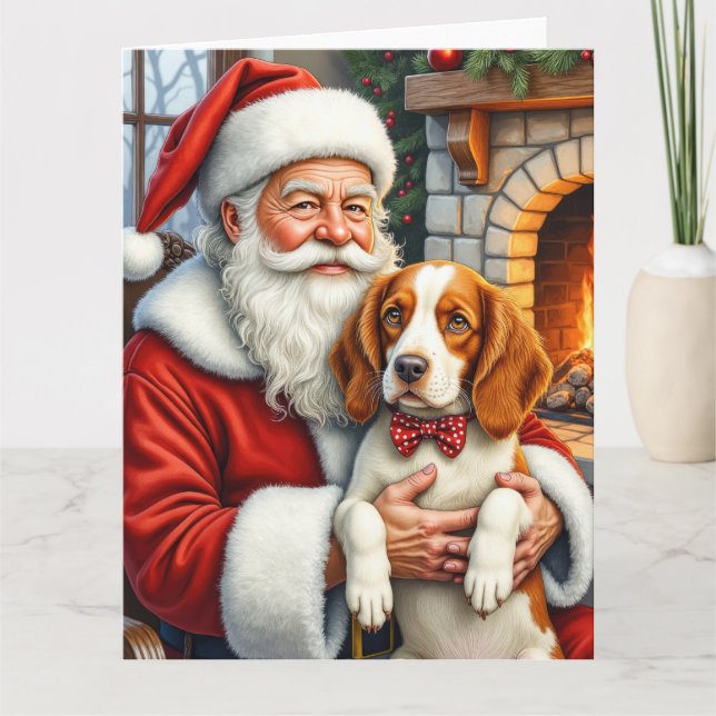 Tarjeta Santa Claus Holding Brittany Spaniel Christmas Art (Anverso)