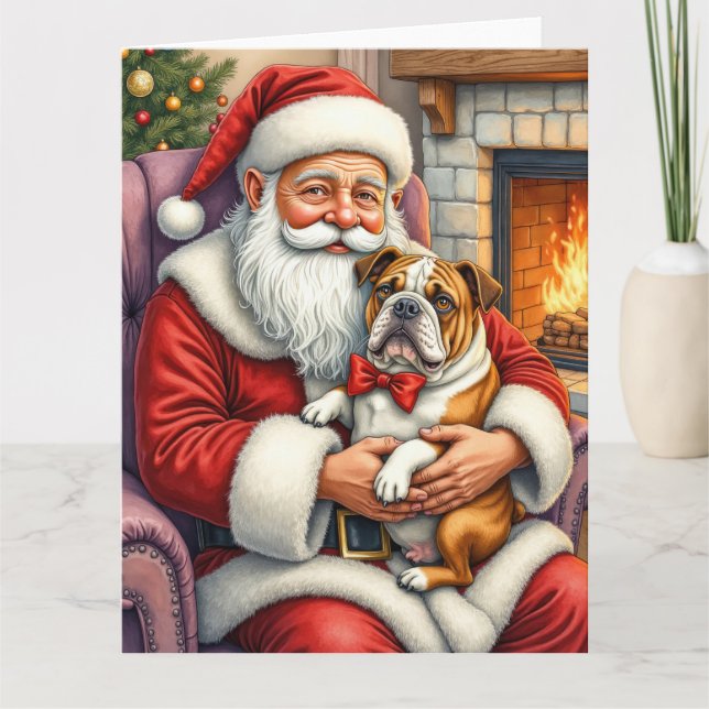 Tarjeta Santa Claus Holding Bulldog Christmas Art (Anverso)