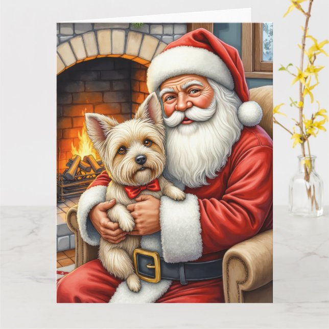 Tarjeta Santa Claus Holding Cairn Terrier Christmas Art (flor amarilla)