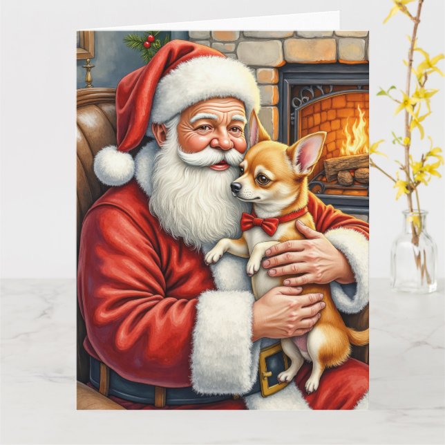 Tarjeta Santa Claus Holding Chihuahua Christmas Art (flor amarilla)