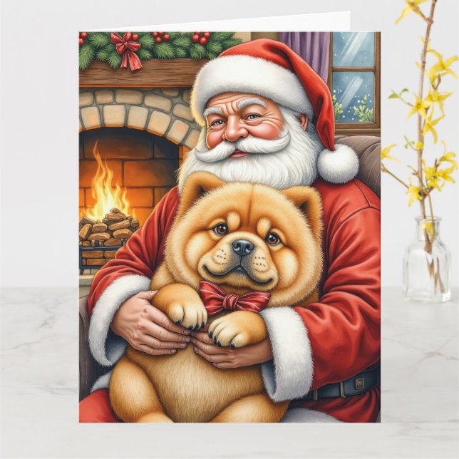 Tarjeta Santa Claus Holding Chow Chow Christmas Art (flor amarilla)