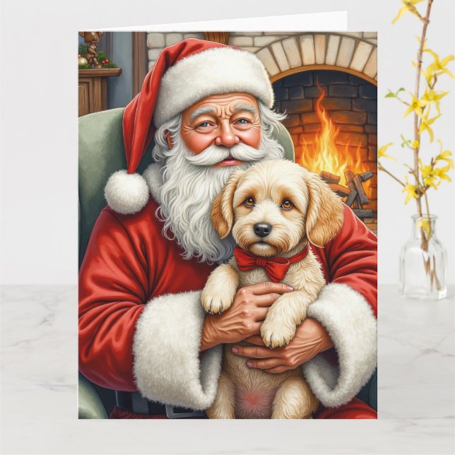 Tarjeta Santa Claus Holding Cockapoo Christmas Art (flor amarilla)