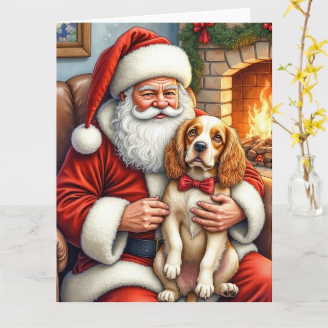 Tarjeta Santa Claus Holding Cocker Spaniel Christmas Art (flor amarilla)