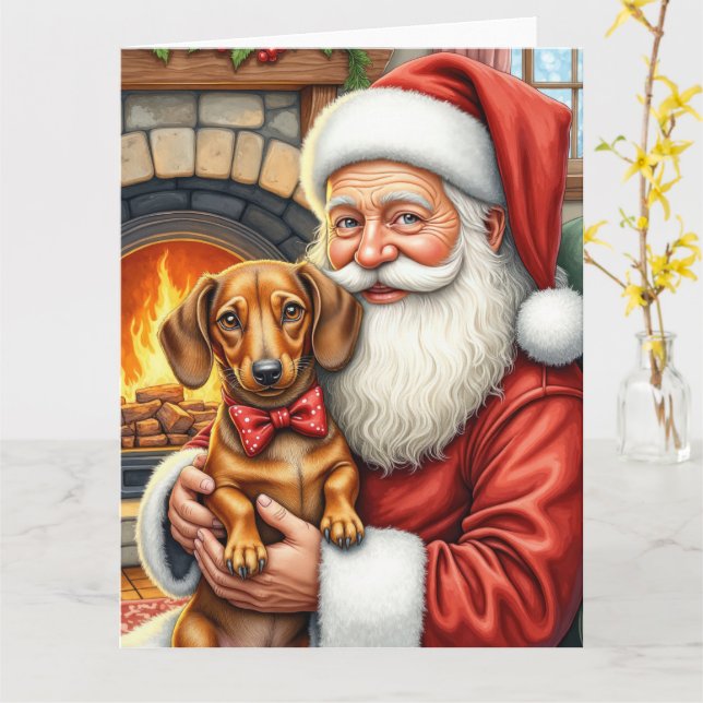 Tarjeta Santa Claus Holding Dachshund Christmas Art (flor amarilla)