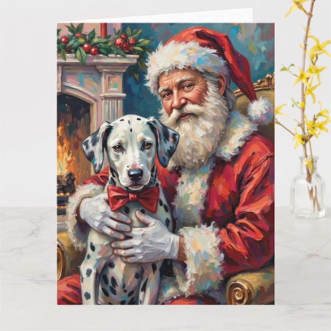 Tarjeta Santa Claus Holding Dalmatian Christmas Art (flor amarilla)