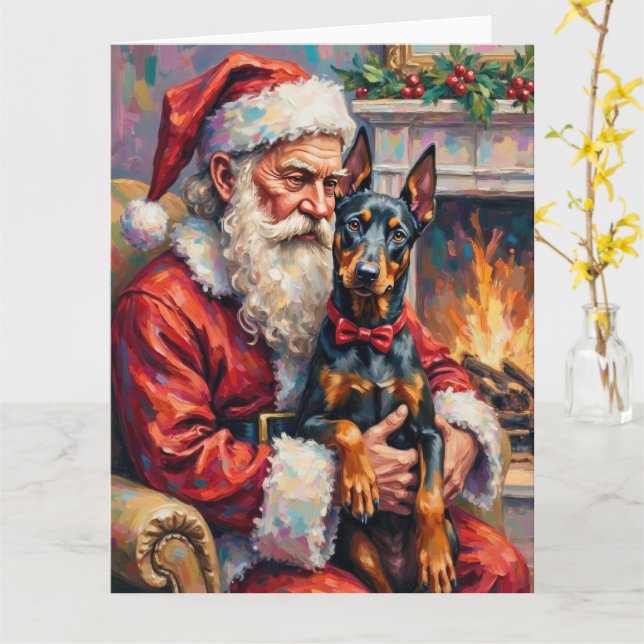 Tarjeta Santa Claus Holding Doberman Christmas Art (flor amarilla)