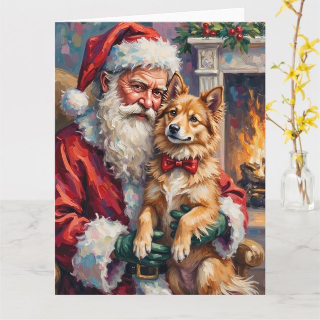 Tarjeta Santa Claus Holding Finnish Lapphund Christmas Art (flor amarilla)