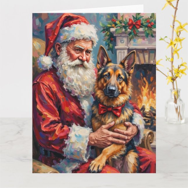 Tarjeta Santa Claus Holding German Shepherd Christmas Art (flor amarilla)