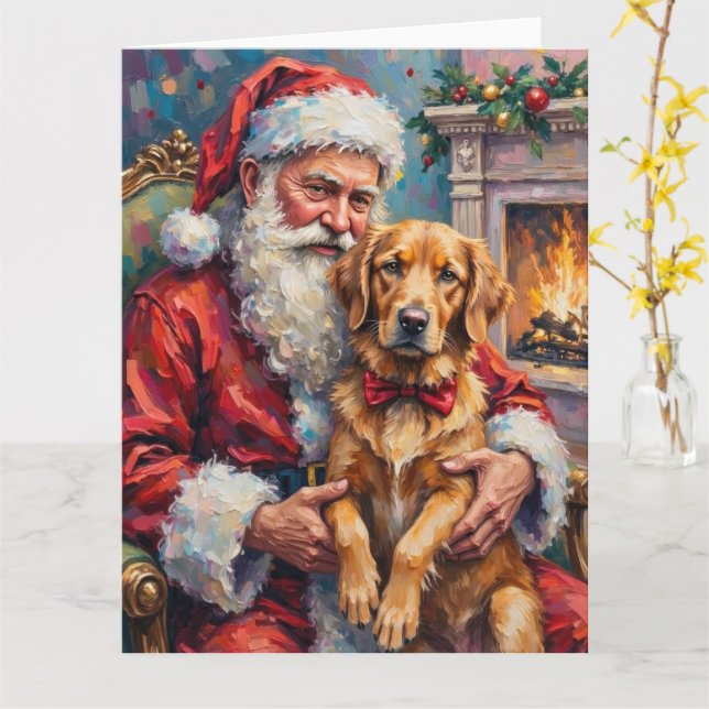 Tarjeta Santa Claus Holding Golden Retriever Christmas Art (flor amarilla)