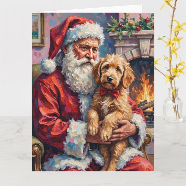 Tarjeta Santa Claus Holding Goldendoodle Christmas Art (flor amarilla)