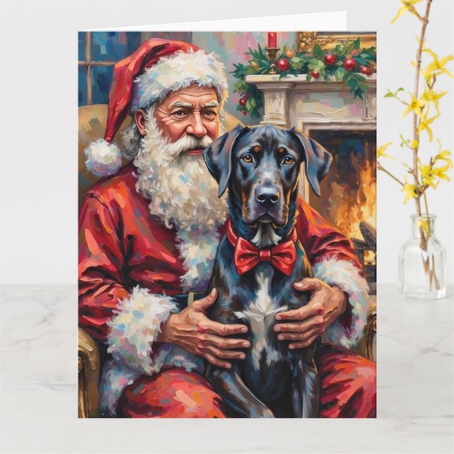 Tarjeta Santa Claus Holding Great Dane Christmas Art (flor amarilla)