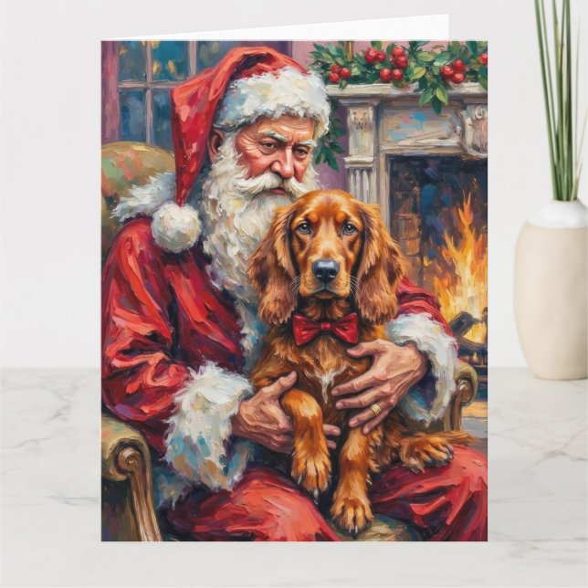 Tarjeta Santa Claus Holding Irish Red Setter Christmas Art (Anverso)