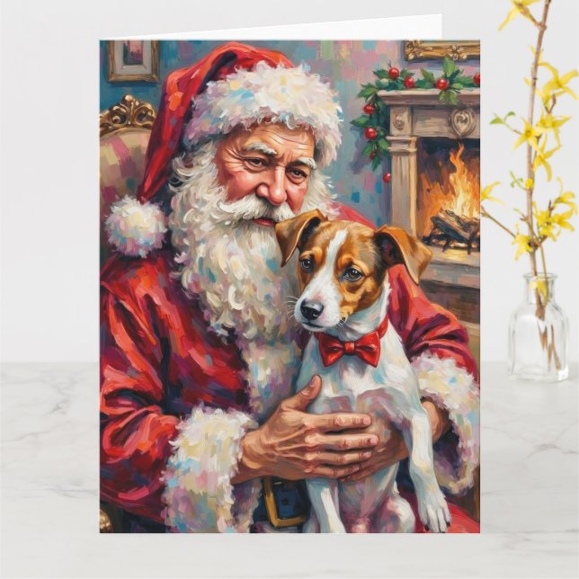 Tarjeta Santa Claus Holding Jack Russell Christmas Art (flor amarilla)