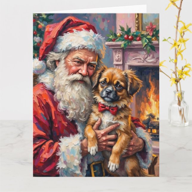 Tarjeta Santa Claus Holding Japanese Chin Christmas Art (flor amarilla)