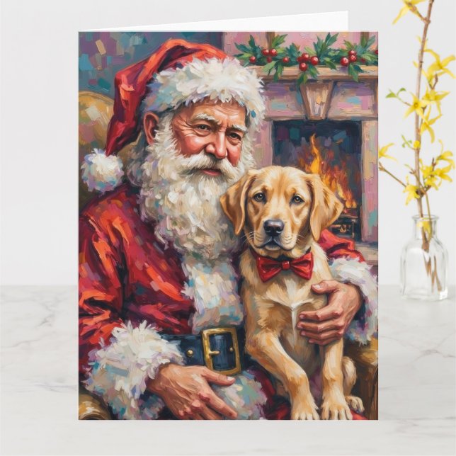 Tarjeta Santa Claus Holding Labrador Christmas Art (flor amarilla)