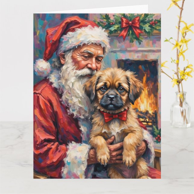 Tarjeta Santa Claus Holding Lhasa Apso Christmas Art (flor amarilla)
