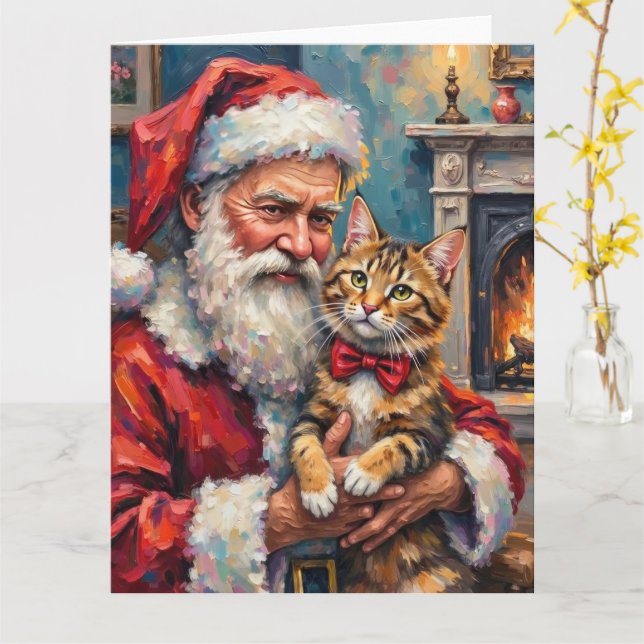 Tarjeta Santa Claus Holding Maine Coon Cat Christmas Art (flor amarilla)