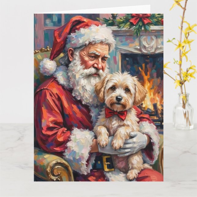 Tarjeta Santa Claus Holding Maltese Christmas Art (flor amarilla)