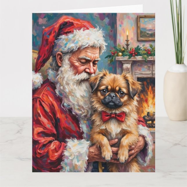 Tarjeta Santa Claus Holding Pekingese Christmas Art (Anverso)