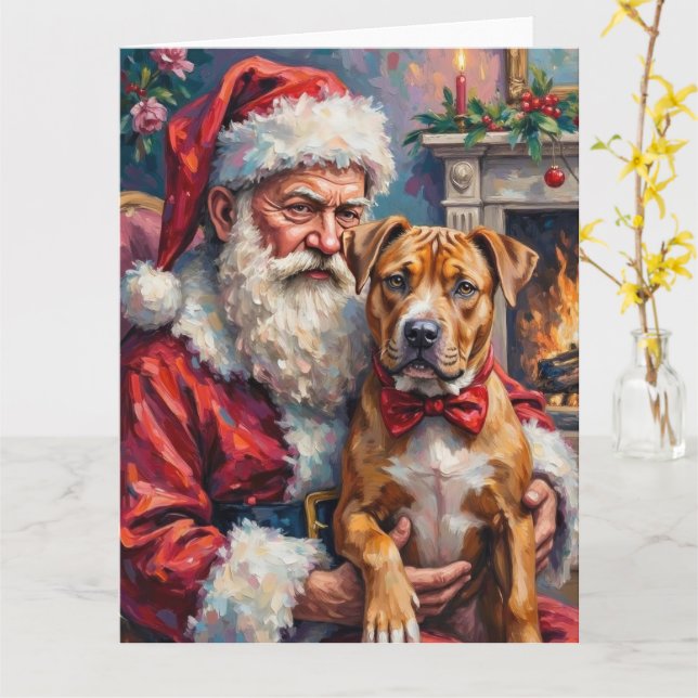 Tarjeta Santa Claus Holding Pitbull Christmas Art (flor amarilla)