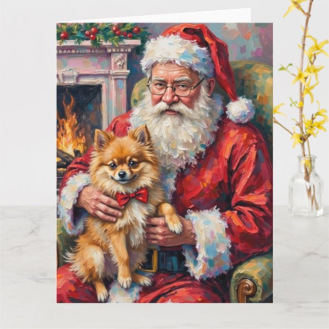 Tarjeta Santa Claus Holding Pomeranian Christmas Art (flor amarilla)