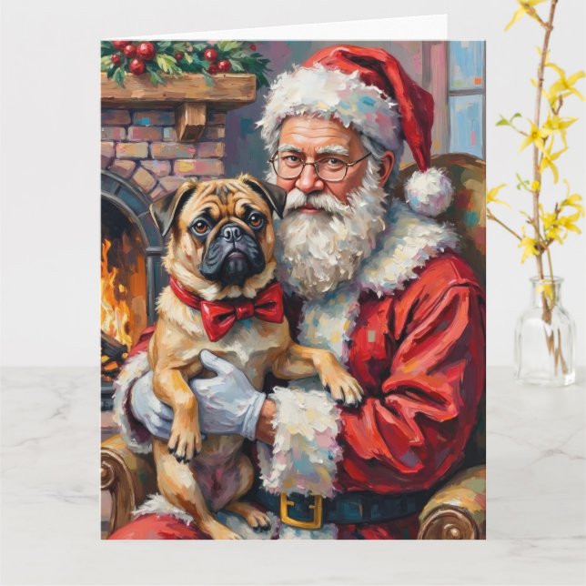 Tarjeta Santa Claus Holding Pug Christmas Art (flor amarilla)