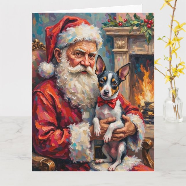 Tarjeta Santa Claus Holding Rat Terrier Christmas Art (flor amarilla)
