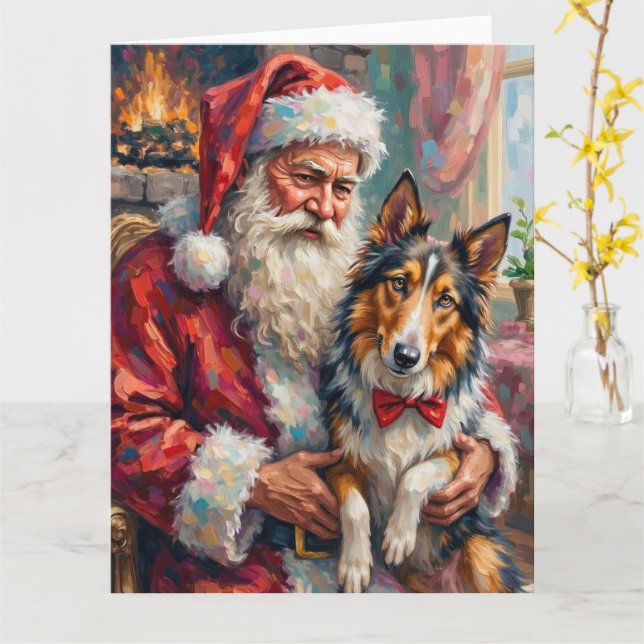 Tarjeta Santa Claus Holding Rough Collie Christmas Art (flor amarilla)